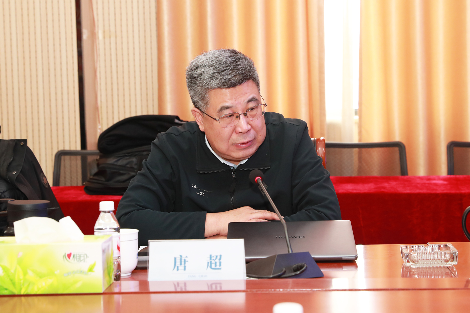 Participant addressing colleagues across the conference table