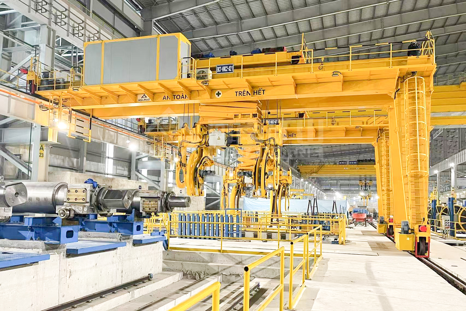 Crane trolley and electrical enclosure in an industrial workshop